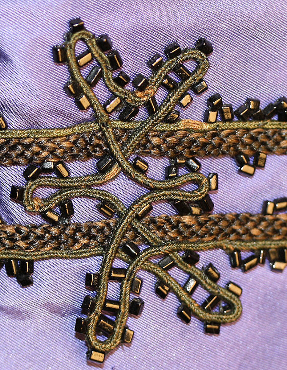 Visiting dress, silk, cotton, glass, American