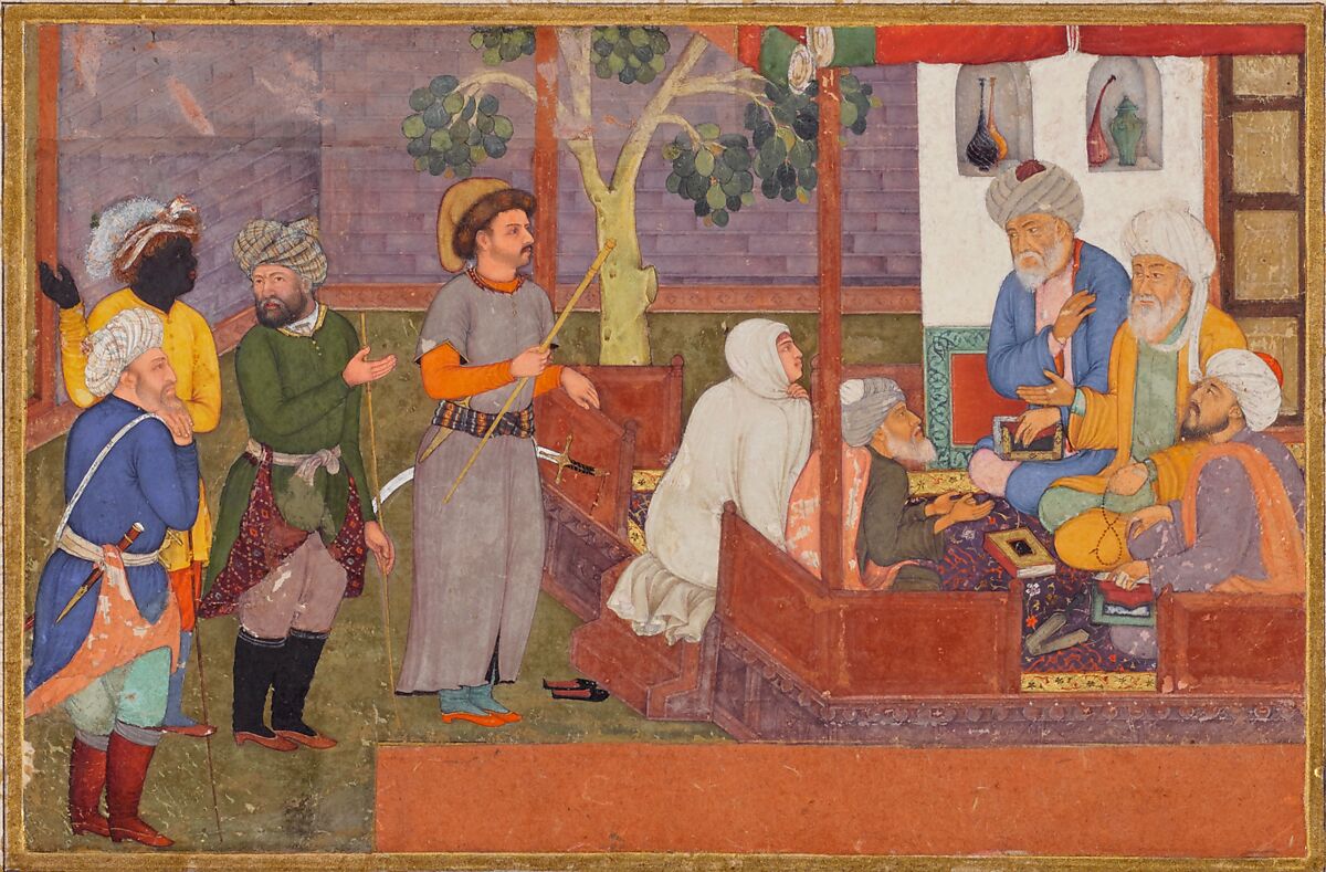 "An Old Man and His Young Wife Before Religious Arbitrators," Folio from a Gulistan of Sa'di, Painting attributed to Daulat (Indian, active ca. 1595–1635), Opaque watercolors and gold on paper