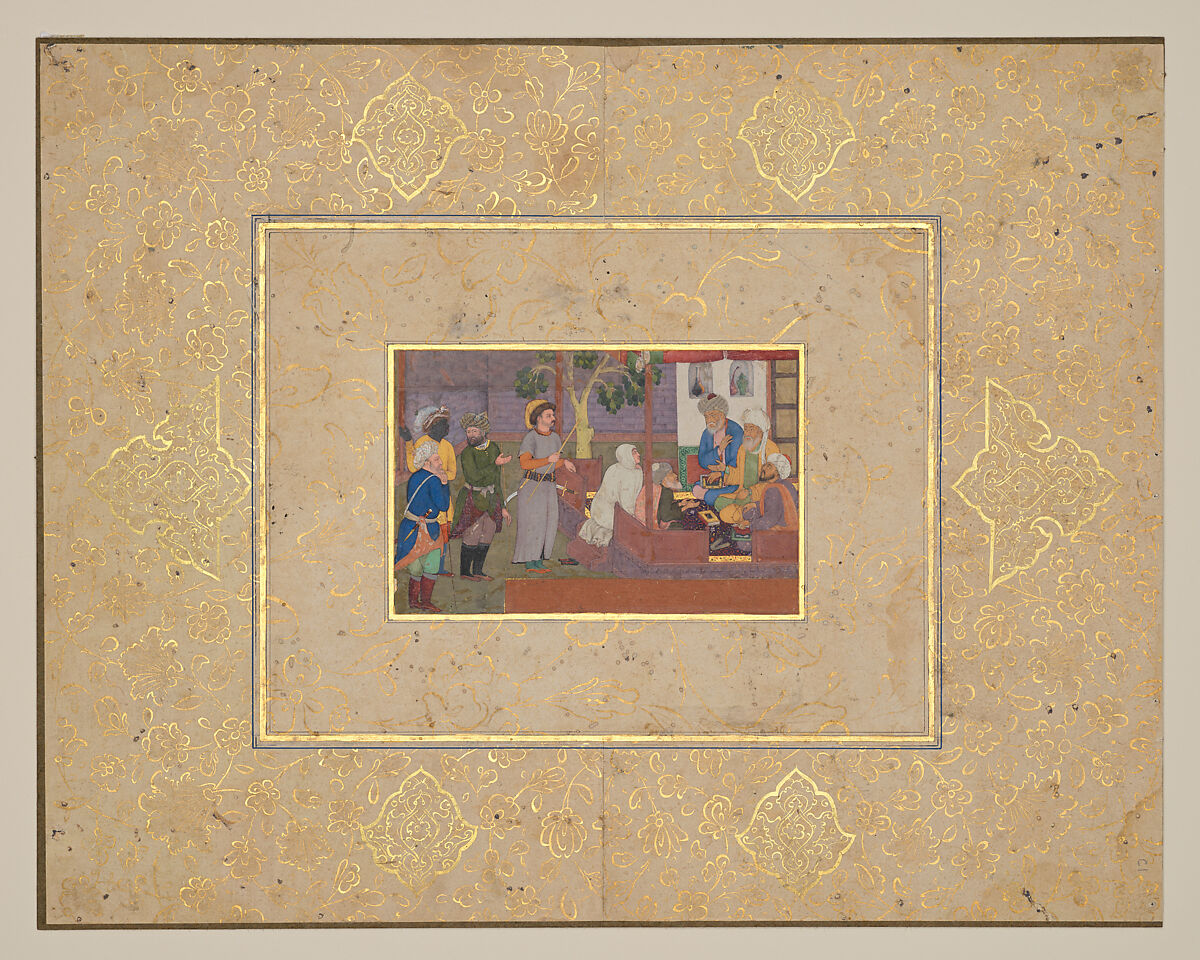 "An Old Man and His Young Wife Before Religious Arbitrators," Folio from a Gulistan of Sa'di, Painting attributed to Daulat (Indian, active ca. 1595–1635), Opaque watercolors and gold on paper 