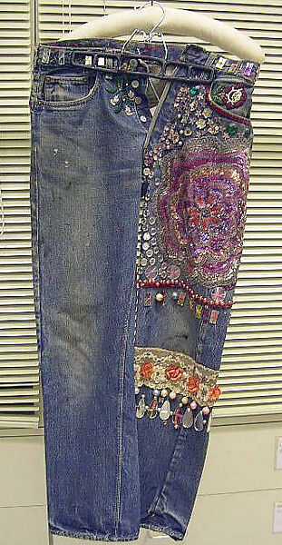 Jeans, cotton, glass, silk, nylon, metallic thread, plastic, American