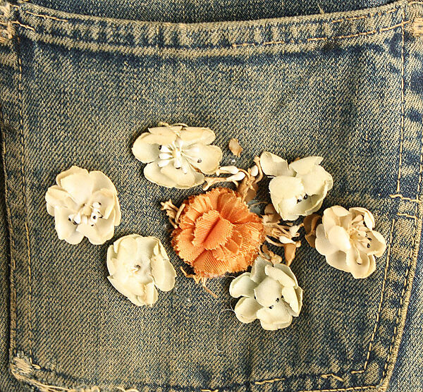 Jeans, cotton, glass, silk, nylon, metallic thread, plastic, American