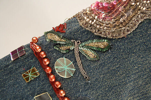 Jeans, cotton, glass, silk, nylon, metallic thread, plastic, American