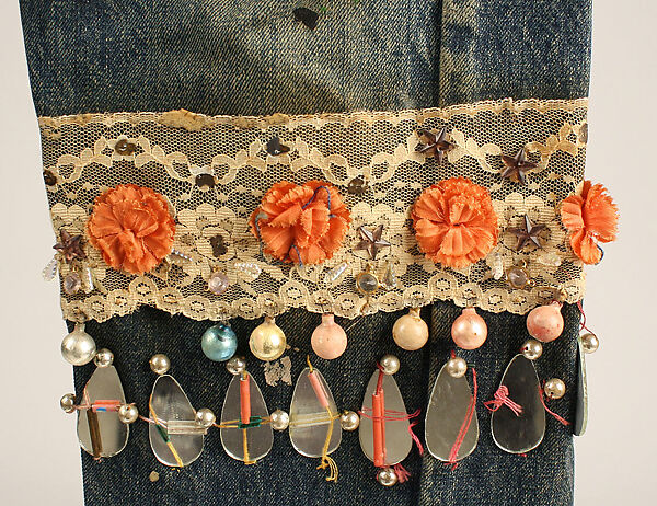 Jeans, cotton, glass, silk, nylon, metallic thread, plastic, American