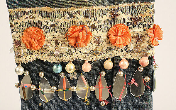 Jeans, cotton, glass, silk, nylon, metallic thread, plastic, American