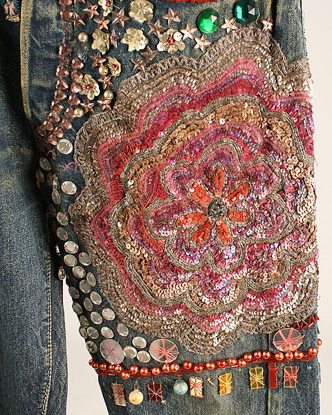 Jeans, cotton, glass, silk, nylon, metallic thread, plastic, American