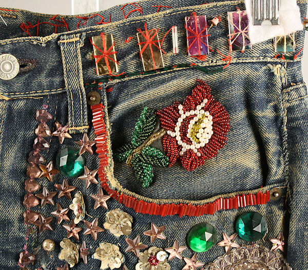 Jeans, cotton, glass, silk, nylon, metallic thread, plastic, American