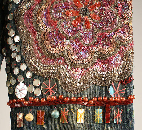 Jeans, cotton, glass, silk, nylon, metallic thread, plastic, American