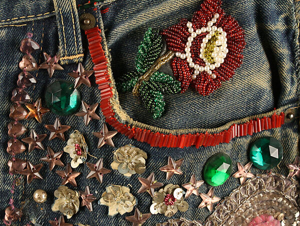 Jeans, cotton, glass, silk, nylon, metallic thread, plastic, American