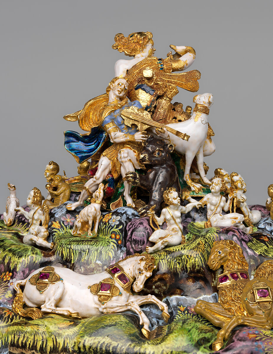 The Orpheus Cup, Jewel animals, amorini, and figurines of the lid attributed to Jan Vermeyen (Brussels (Hapsburg Lowlands) before 1559–1608 Prague), Gold: cast, embossed, and engraved; enamel: ronde-bosse and painted; rubies, Austrian, Vienna