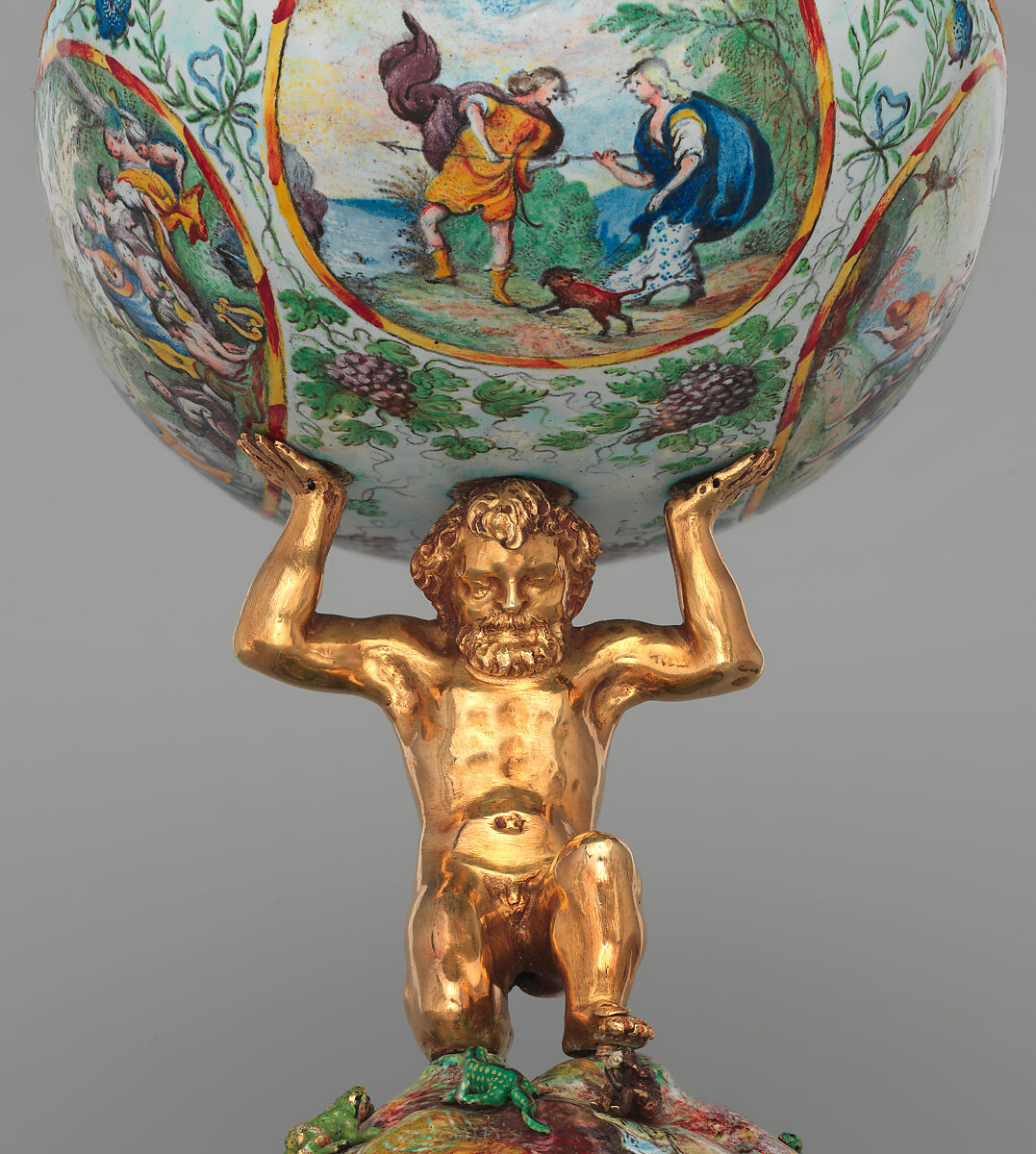 The Orpheus Cup, Jewel animals, amorini, and figurines of the lid attributed to Jan Vermeyen (Brussels (Hapsburg Lowlands) before 1559–1608 Prague), Gold: cast, embossed, and engraved; enamel: ronde-bosse and painted; rubies, Austrian, Vienna