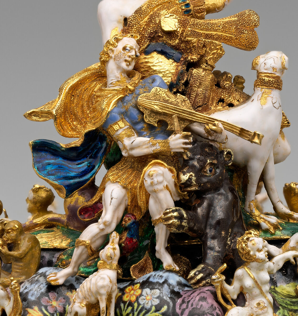 The Orpheus Cup, Jewel animals, amorini, and figurines of the lid attributed to Jan Vermeyen (Brussels (Hapsburg Lowlands) before 1559–1608 Prague), Gold: cast, embossed, and engraved; enamel: ronde-bosse and painted; rubies, Austrian, Vienna