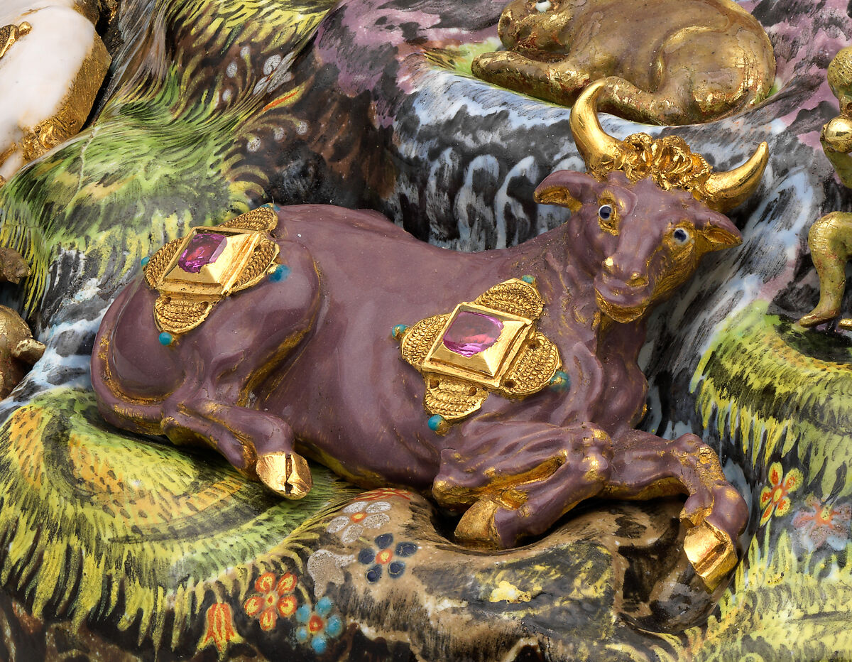 The Orpheus Cup, Jewel animals, amorini, and figurines of the lid attributed to Jan Vermeyen (Brussels (Hapsburg Lowlands) before 1559–1608 Prague), Gold: cast, embossed, and engraved; enamel: ronde-bosse and painted; rubies, Austrian, Vienna