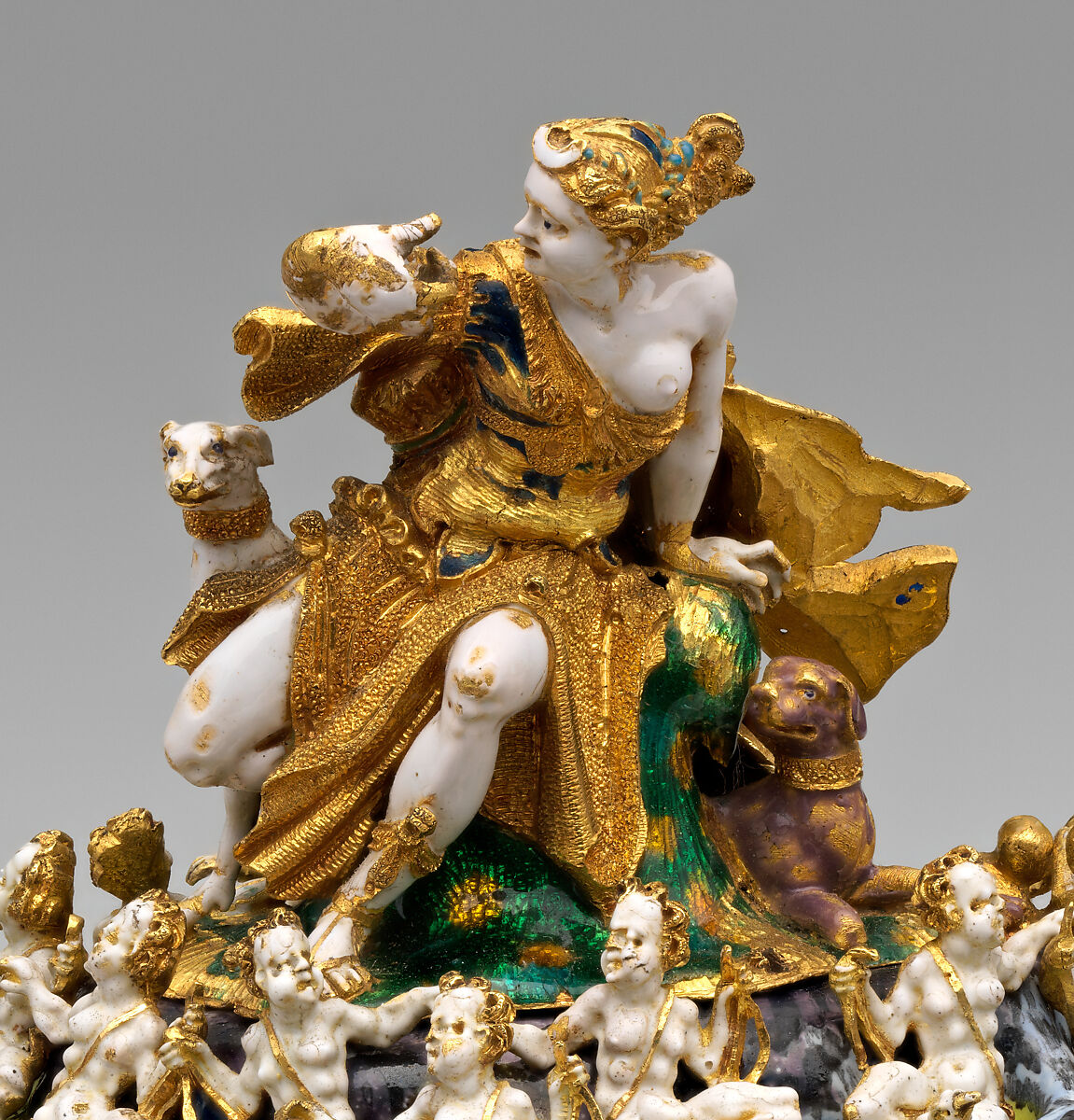 The Orpheus Cup, Jewel animals, amorini, and figurines of the lid attributed to Jan Vermeyen (Brussels (Hapsburg Lowlands) before 1559–1608 Prague), Gold: cast, embossed, and engraved; enamel: ronde-bosse and painted; rubies, Austrian, Vienna
