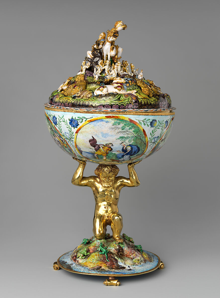 The Orpheus Cup, Jewel animals, amorini, and figurines of the lid attributed to Jan Vermeyen (Brussels (Hapsburg Lowlands) before 1559–1608 Prague), Gold: cast, embossed, and engraved; enamel: ronde-bosse and painted; rubies, Austrian, Vienna 