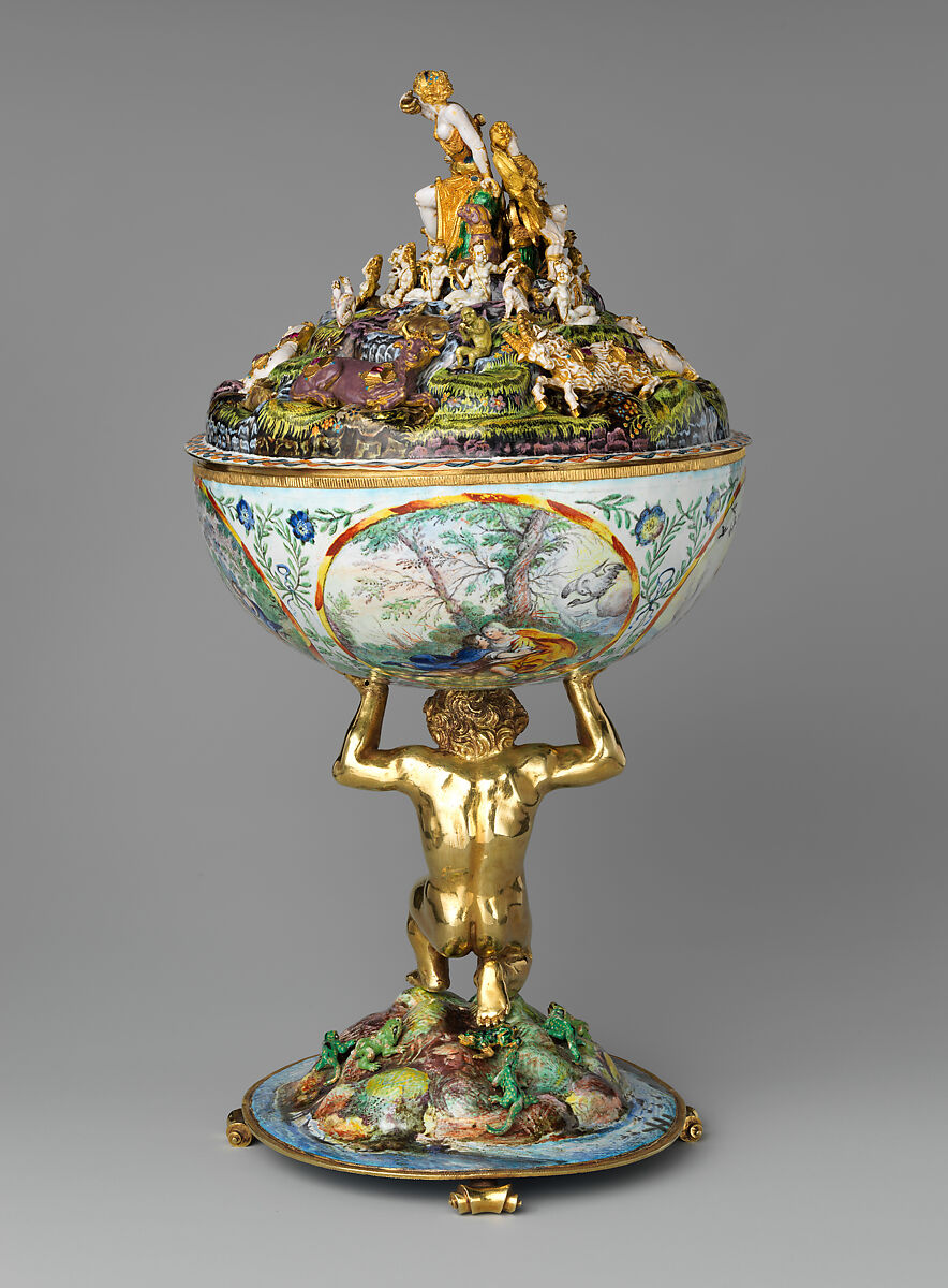 The Orpheus Cup, Jewel animals, amorini, and figurines of the lid attributed to Jan Vermeyen (Brussels (Hapsburg Lowlands) before 1559–1608 Prague), Gold: cast, embossed, and engraved; enamel: ronde-bosse and painted; rubies, Austrian, Vienna