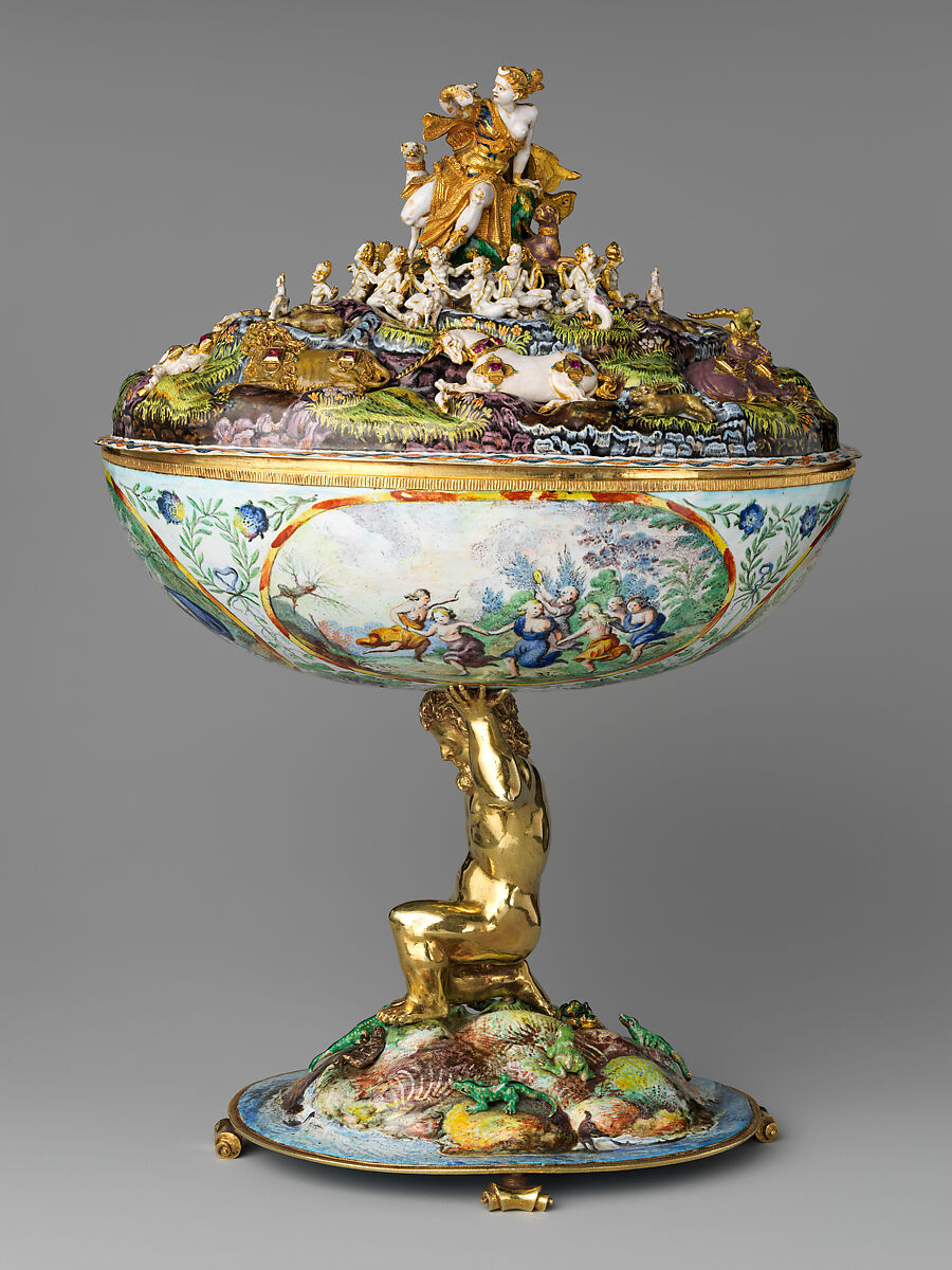 The Orpheus Cup, Jewel animals, amorini, and figurines of the lid attributed to Jan Vermeyen (Brussels (Hapsburg Lowlands) before 1559–1608 Prague), Gold: cast, embossed, and engraved; enamel: ronde-bosse and painted; rubies, Austrian, Vienna