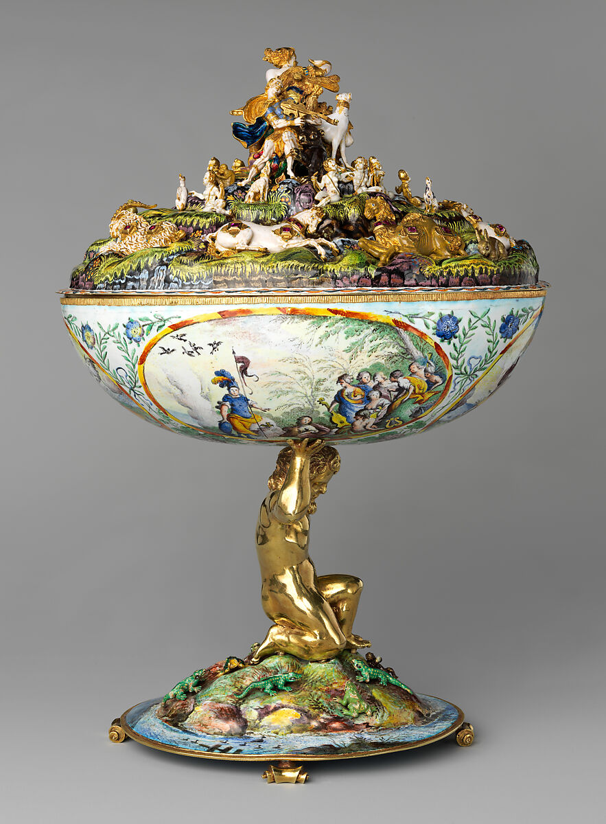The Orpheus Cup, Jewel animals, amorini, and figurines of the lid attributed to Jan Vermeyen (Brussels (Hapsburg Lowlands) before 1559–1608 Prague), Gold: cast, embossed, and engraved; enamel: ronde-bosse and painted; rubies, Austrian, Vienna