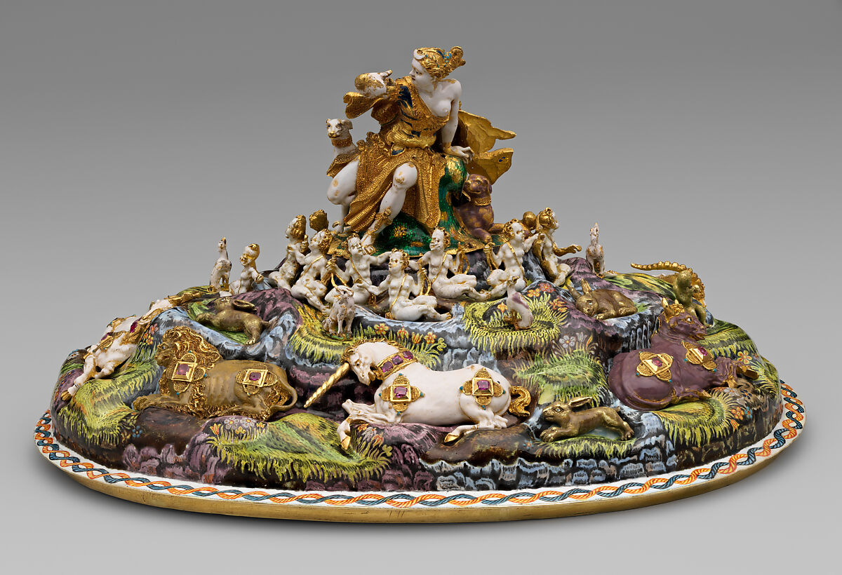 The Orpheus Cup, Jewel animals, amorini, and figurines of the lid attributed to Jan Vermeyen (Brussels (Hapsburg Lowlands) before 1559–1608 Prague), Gold: cast, embossed, and engraved; enamel: ronde-bosse and painted; rubies, Austrian, Vienna