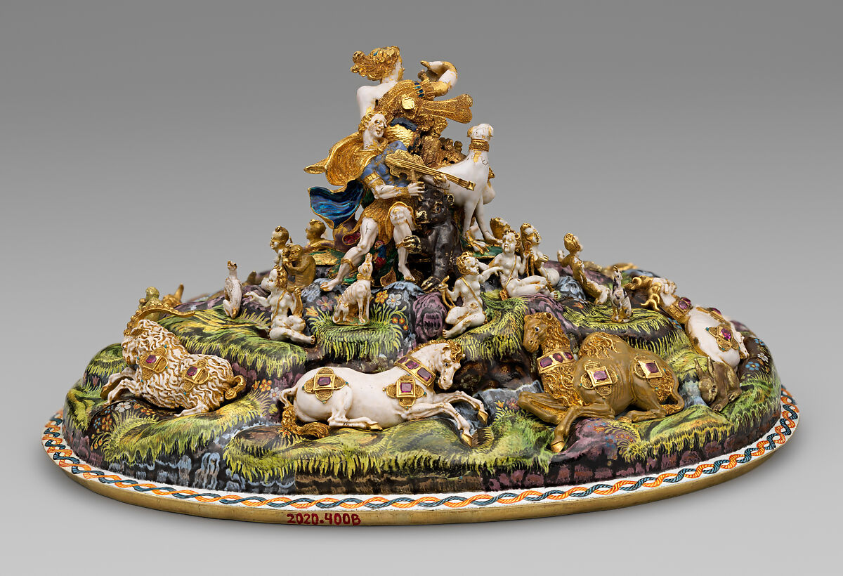 The Orpheus Cup, Jewel animals, amorini, and figurines of the lid attributed to Jan Vermeyen (Brussels (Hapsburg Lowlands) before 1559–1608 Prague), Gold: cast, embossed, and engraved; enamel: ronde-bosse and painted; rubies, Austrian, Vienna
