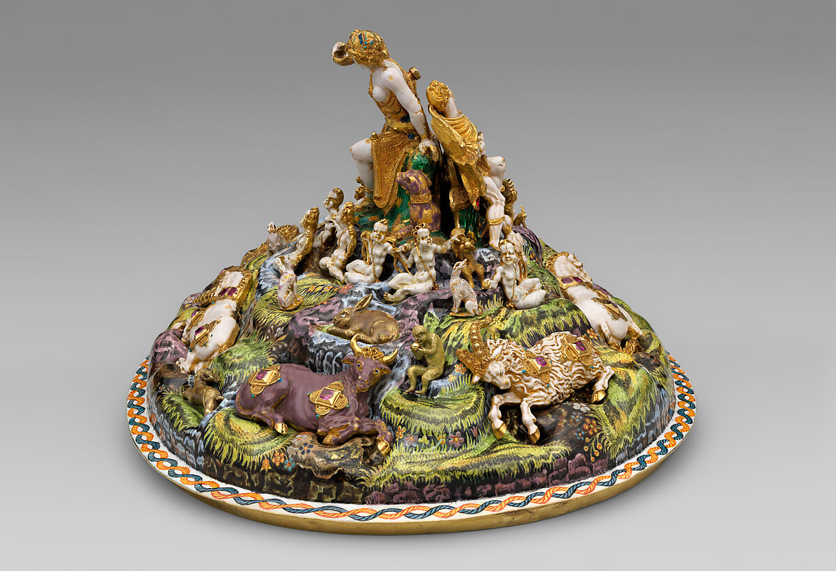The Orpheus Cup, Jewel animals, amorini, and figurines of the lid attributed to Jan Vermeyen (Brussels (Hapsburg Lowlands) before 1559–1608 Prague), Gold: cast, embossed, and engraved; enamel: ronde-bosse and painted; rubies, Austrian, Vienna