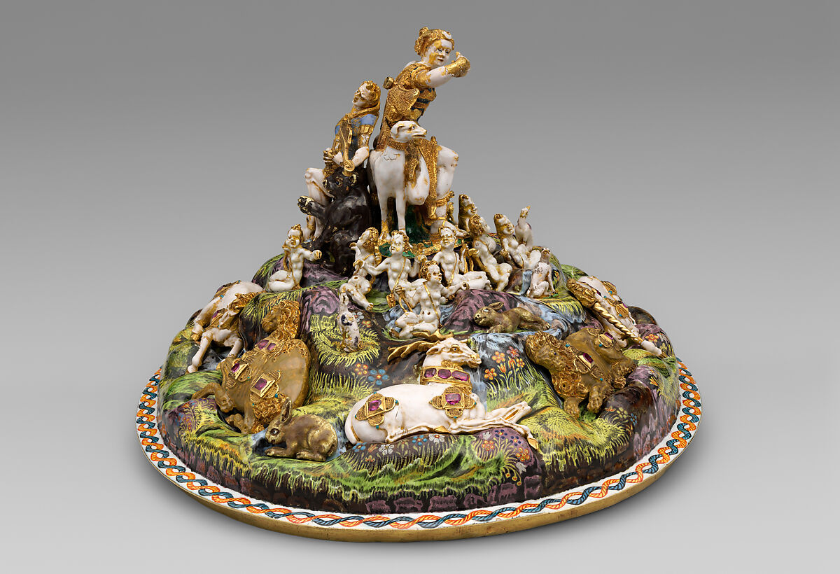 The Orpheus Cup, Jewel animals, amorini, and figurines of the lid attributed to Jan Vermeyen (Brussels (Hapsburg Lowlands) before 1559–1608 Prague), Gold: cast, embossed, and engraved; enamel: ronde-bosse and painted; rubies, Austrian, Vienna