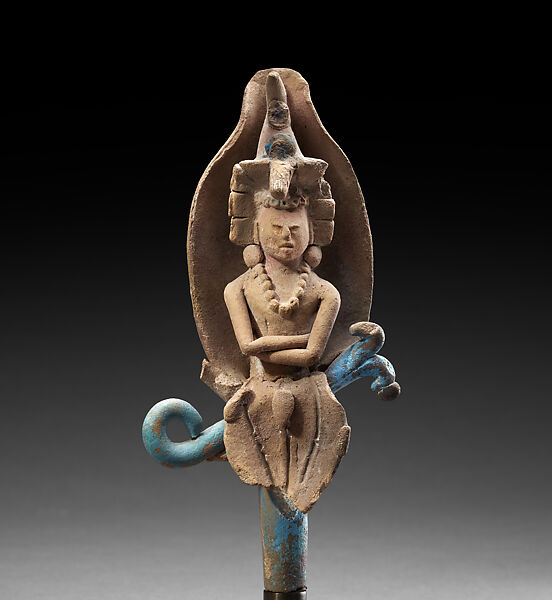 Maize God in corn husk, Ceramic, pigment, Maya 