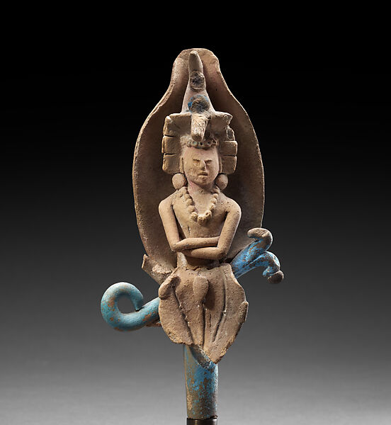 Maize God in corn husk, Ceramic, pigment, Maya