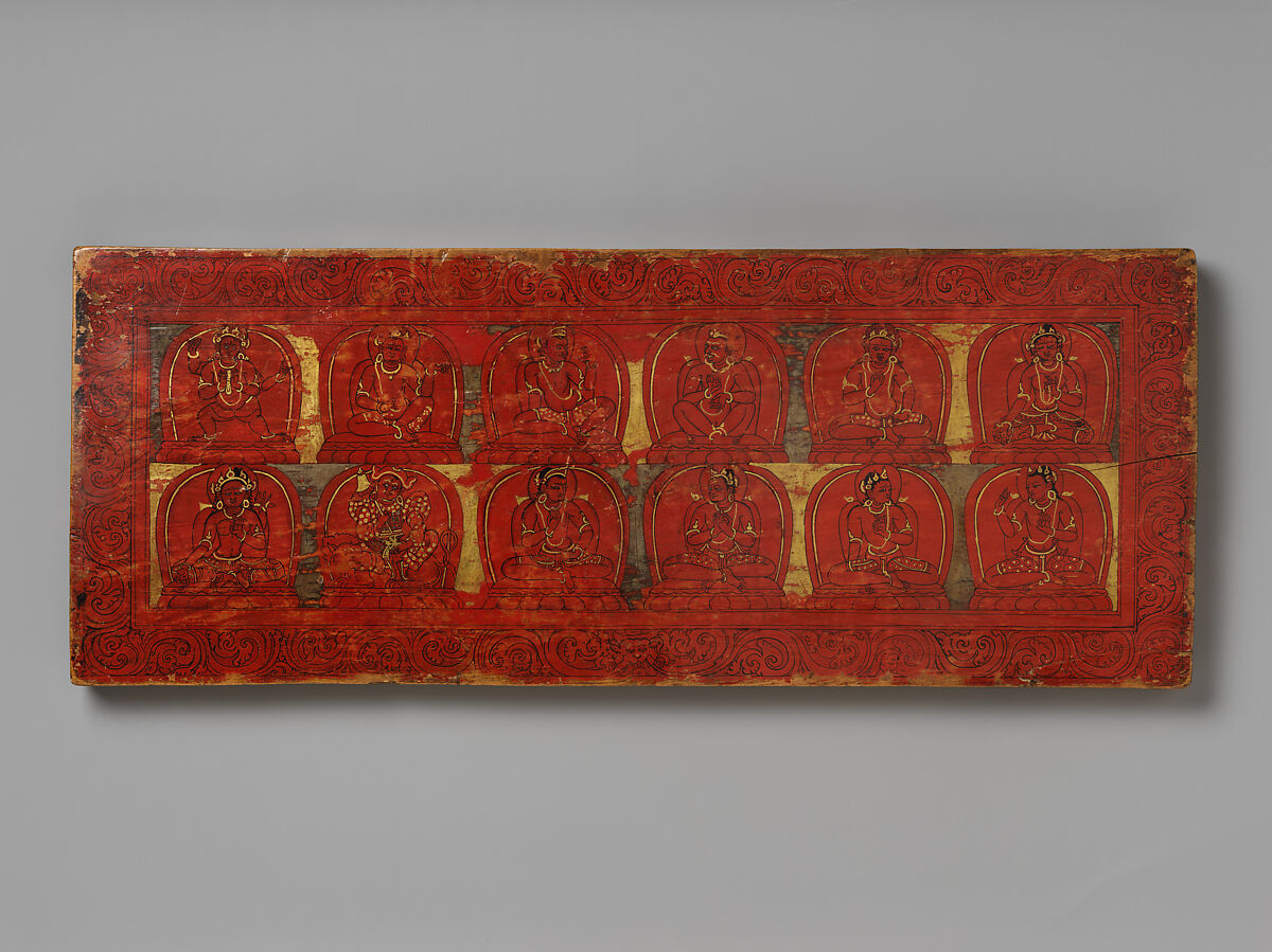 Manuscript Cover Interior with Mahasiddhas, Bodhisattvas, and Protectors, Distemper and gold on wood, Tibet
