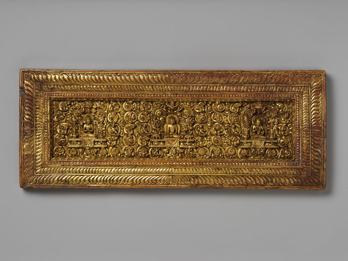 Manuscript Cover Interior with Mahasiddhas, Bodhisattvas, and Protectors, Distemper and gold on wood, Tibet 