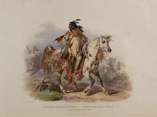 Reise in das innere Nord-America in den Jaren 1832 bis 1834 (Travels in the Interior of North America, 1832-34)
Open to Vignette XIX: A Blackfoot Indian on Horse-back, After Karl Bodmer (Swiss, Riesbach 1809–1893 Barbizon), Hand-colored aquatint and engraving 