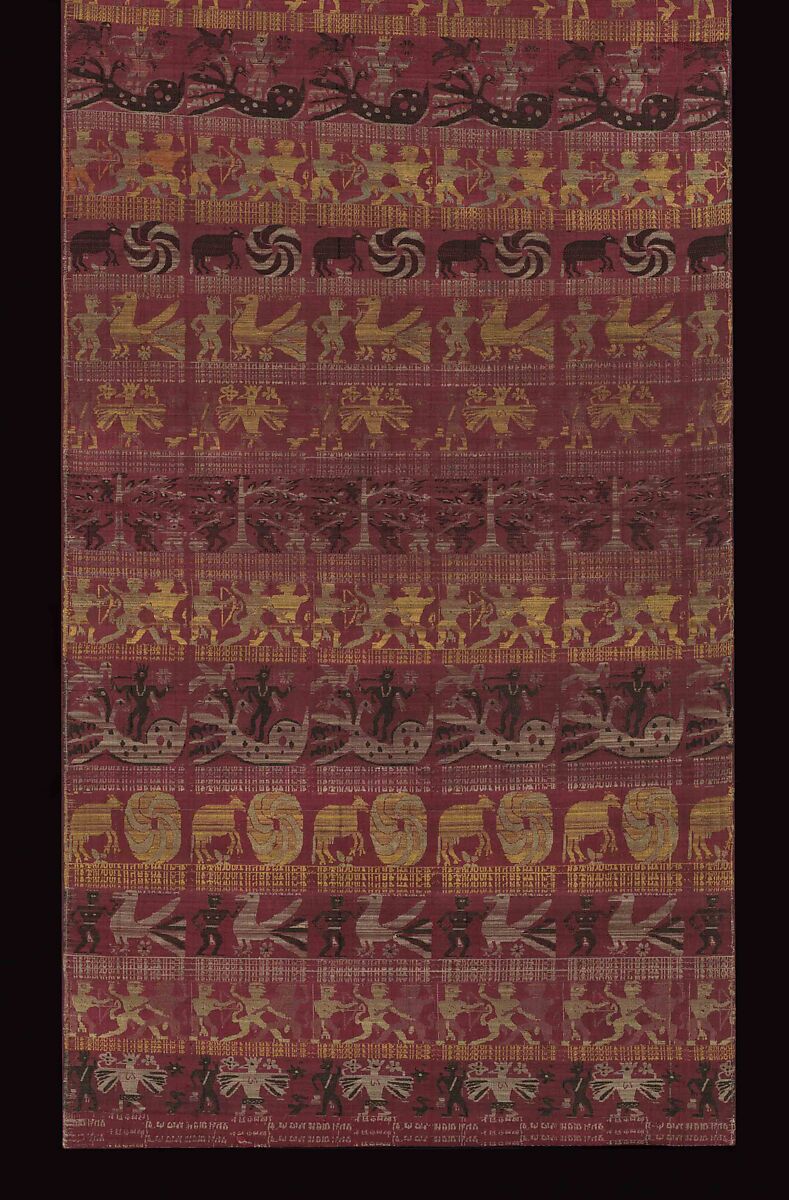 Temple Hanging with Scenes from the Bhagavata Purana and the Ramayana, Silk, lampas technique, in pink, yellow, black, white, and green on red ground, Northeast India (Assam)