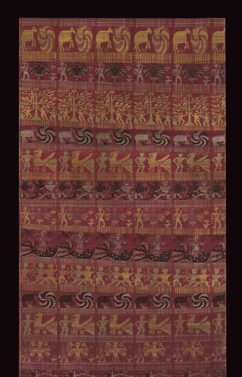 Temple Hanging with Scenes from the Bhagavata Purana and the Ramayana, Silk, lampas technique, in pink, yellow, black, white, and green on red ground, Northeast India (Assam)