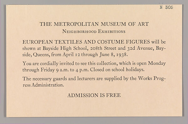 Exhibition invitation, The Metropolitan Museum of Art, Ink on cardstock, American 