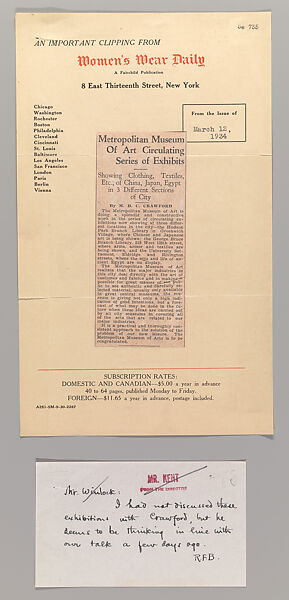 Newspaper clipping and memorandum, M. D. C. Crawford (American, 1861–1949), Ink on paper, American 