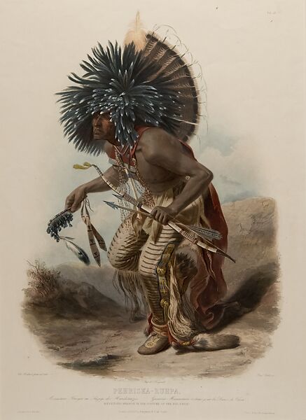 Pehriska-Ruhpa, Mœnnitarri Warrior in the Costume of the Dog Danse (Tableau 23), After Karl Bodmer (Swiss, Riesbach 1809–1893 Barbizon), Hand-colored aquatint and engraving on paper 