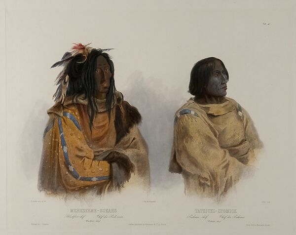 Mehkskeme-Sukahs, Blackfoot-chief, Tatsicki-Stomick, Piekann chief (Tableau 45), After Karl Bodmer (Swiss, Riesbach 1809–1893 Barbizon), Hand-colored aquatint and engraving on paper 