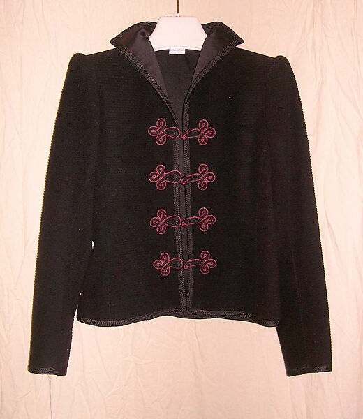 Evening ensemble, Yves Saint Laurent (French, founded 1961), (a) wool, silk; (b, c) silk; (d, e) metal, glass, French