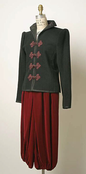 Evening ensemble, Yves Saint Laurent (French, founded 1961), (a) wool, silk; (b, c) silk; (d, e) metal, glass, French 