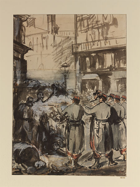 The Barricade (recto); The Execution of Maximilian (verso), Edouard Manet (French, Paris 1832–1883 Paris), Recto: brush and ink wash, watercolor, and gouache over graphite;
Verso: graphite, French 