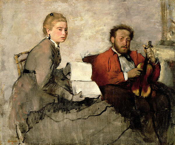 Violinist and Young Woman, Edgar Degas  French, Oil and crayon on canvas, French