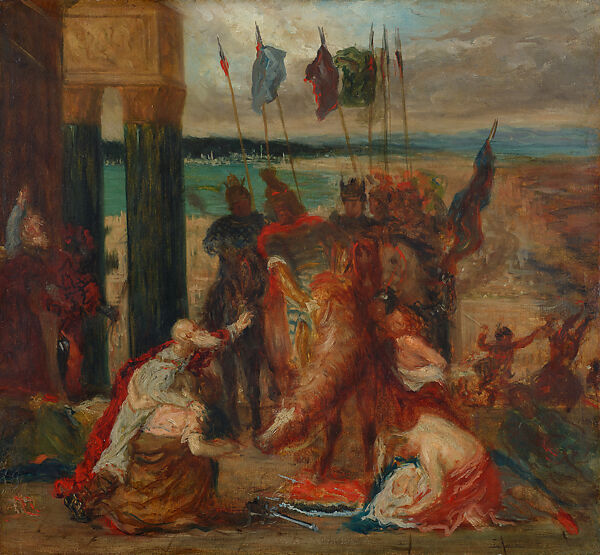 The Entry of the Crusaders into Constantinople, after Delacroix, Edgar Degas (French, Paris 1834–1917 Paris), Oil on cardboard, French 