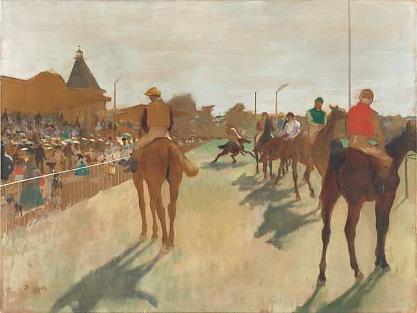 Racehorses before the Stands, Edgar Degas  French, Oil on paper mounted on canvas, French