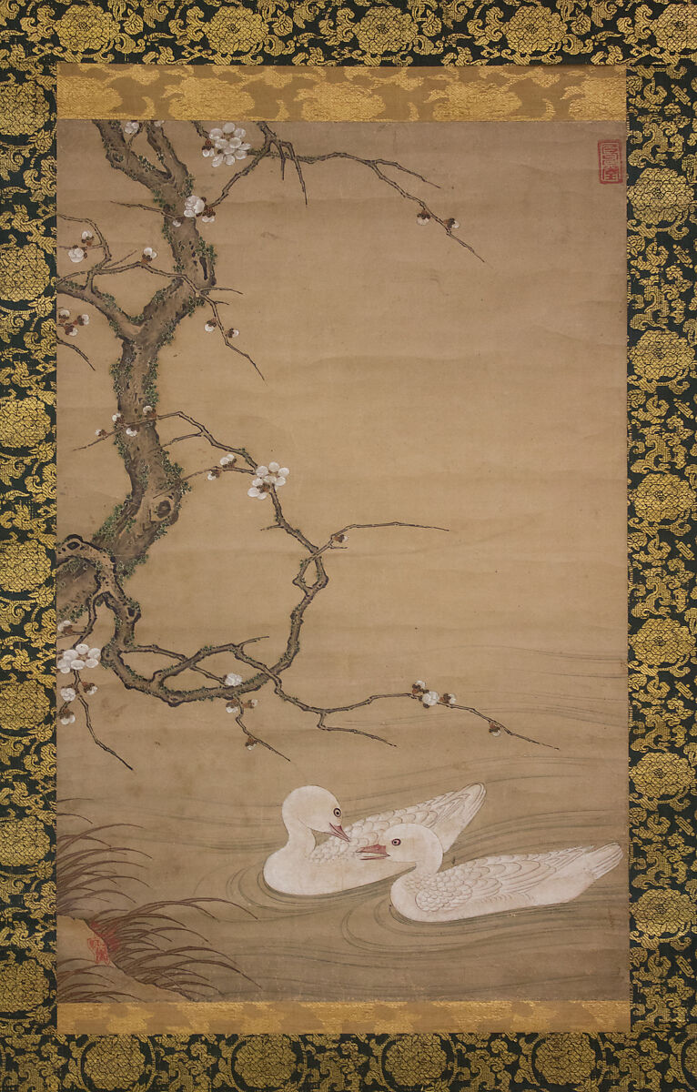Plum Tree and Waterfowl, Attributed to Kano Masanobu 狩野正信 (Japanese, ca. 1434–ca. 1530), Hanging scroll; ink and color on paper, Japan 