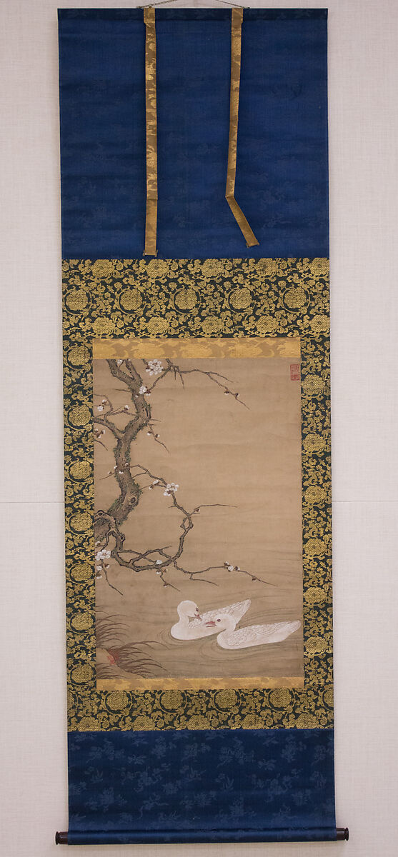 Plum Tree and Waterfowl, Attributed to Kano Masanobu 狩野正信 (Japanese, ca. 1434–ca. 1530), Hanging scroll; ink and color on paper, Japan