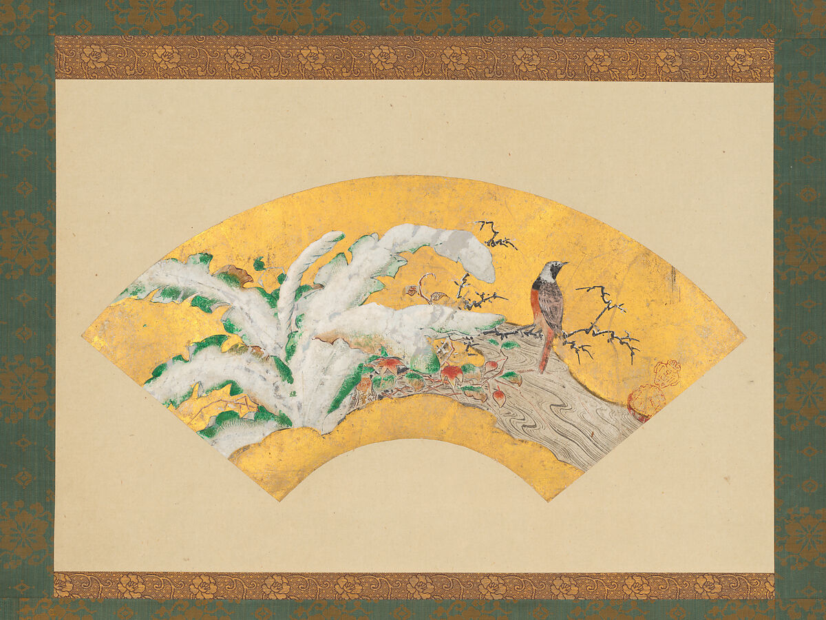 Plantain and Bird in Snow, Kano Sōshū 狩野宗秀 (Japanese, 1551–1601), Fan-shaped painting mounted on a hanging scroll; ink, color, and gold leaf on paper, Japan 