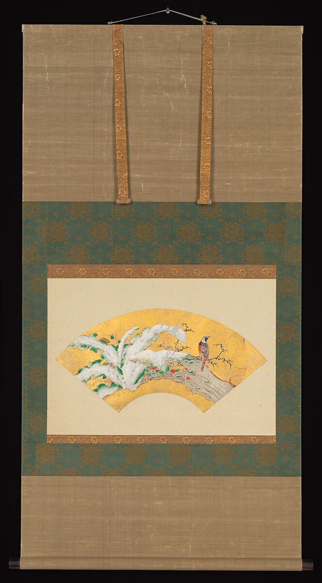 Plantain and Bird in Snow, Kano Sōshū 狩野宗秀 (Japanese, 1551–1601), Fan-shaped painting mounted on a hanging scroll; ink, color, and gold leaf on paper, Japan