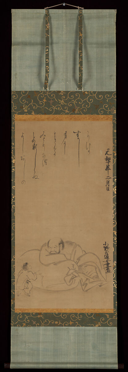 Hotei and a Child, Ono no Ozū (Ono no Tsū) (Japanese, 1567–1631), Hanging scroll; ink on paper, Japan