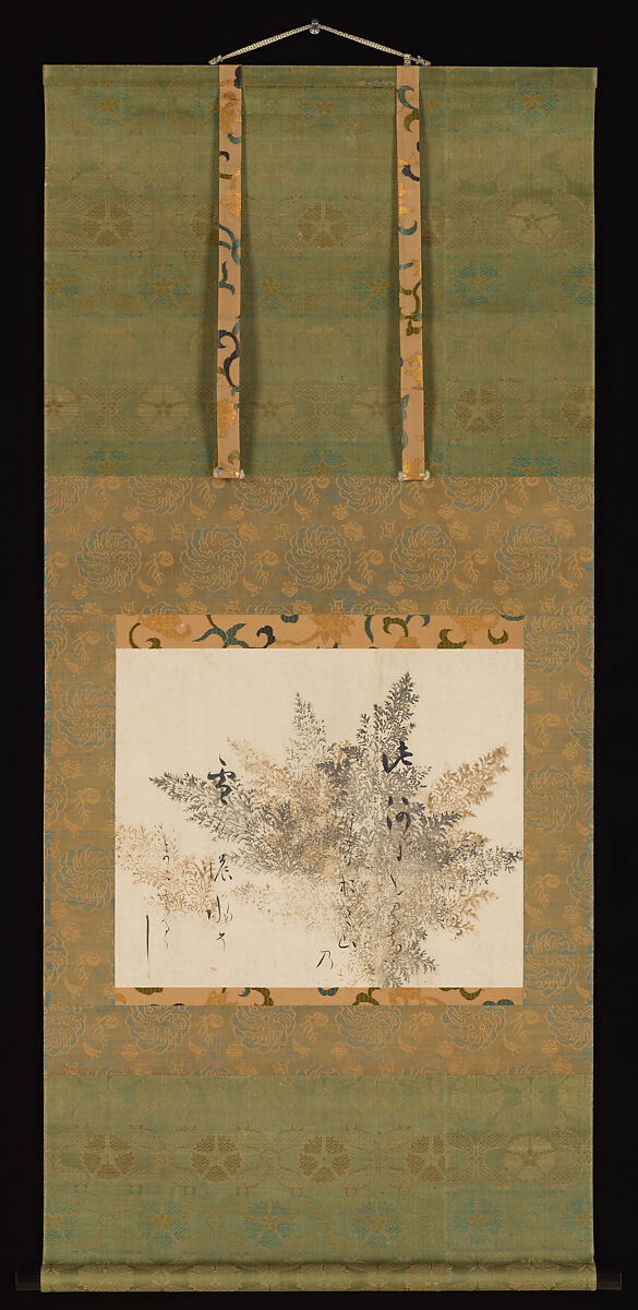 Waka Poem from Collection of Poems Ancient and Modern with a Design of Moss Ferns, Calligraphy by Hon'ami Kōetsu (Japanese, 1558–1637), Section of a handscroll mounted as hanging scroll; ink on paper with decoration printed in gold and silver, Japan