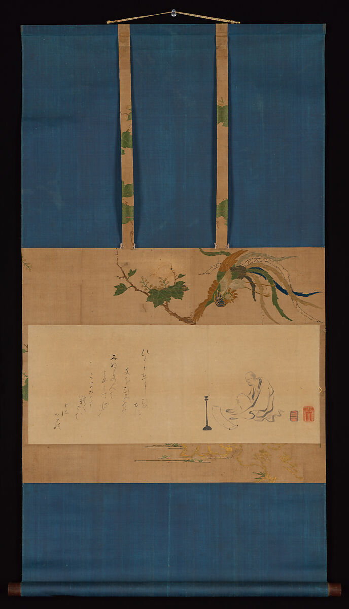 Monk Kenkō Reading by Lamplight, Attributed to Prince-Abbot Ryōshō (Japanese, 1623–1693), Hanging scroll; ink and color on paper, Japan