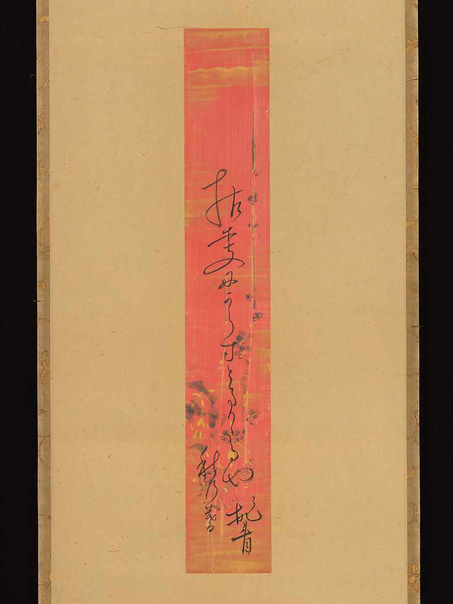 Hokku poem “On a withered branch”, Matsuo Bashō 松尾芭蕉 (Japanese, 1644–1694), Poetry slip (tanzaku) mounted as a hanging scroll: ink on paper decorated with gold, Japan 